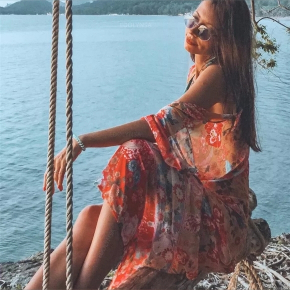 NEW Boho Retro Floral Kimono Gypsy Robe Duster Sheer Chiffon  Red Peach Teal - Picture 4 of 11